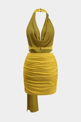 Aiertu  -  Metallic Detailing Ruched Cowl Neck Mini Dress Aiertu