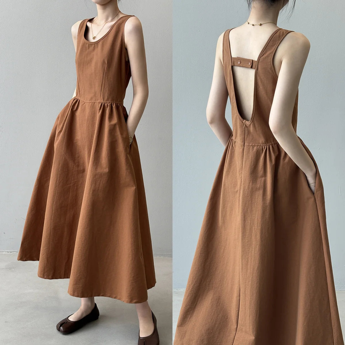 Aiertu  -  Fashion Sleeveless Long Dress Cotton Blend Solid Color Casual Summer New Dress A-line Backless Vacation Beach Dresses For Women Aiertu