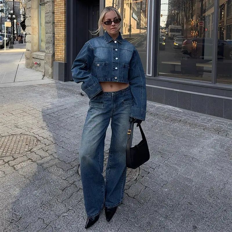 Aiertu  -  Lapel Single-breasted Woman's Denim 2 Piece Sets Vintage Soild Waistless Denim Short Tops Straight Baggy Low Rise Jeans Pants Aiertu