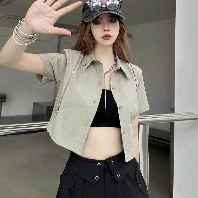 Aiertu Y2K Cropped White Shirts Women Harajuku Tie Short Sleeve Blouses Summer Preppy Korean Aesthetic All Match Crop Tops New Aiertu