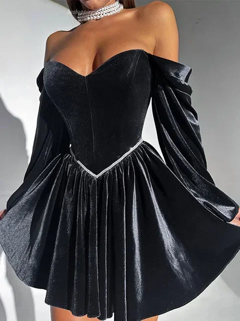 Aiertu  -  party look snspos Sexy Velvet Strapless Short Party Dress Women Off Shoulder Long Sleeve Bandage Dresses Autumn Lady Christmas Evening Robes Aiertu