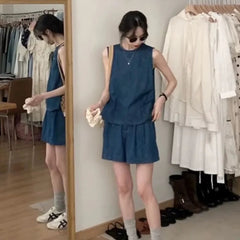Aiertu  -  Sweet Hot Girl Denim Suit Women's Summer Casual O-neck Sleeveless Top High Waisted Shorts Two-piece Set Fashion Female Clothes Aiertu