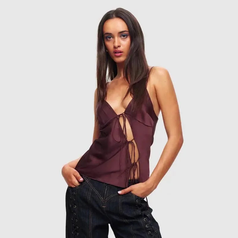 Aiertu  -  Lace Up Hollow Camisole Women's Off-shoulder Spaghetti Strap Tank Sleeveless Slim Fit Fashion Y2K Hot Girl Sexy Crop Tops Aiertu