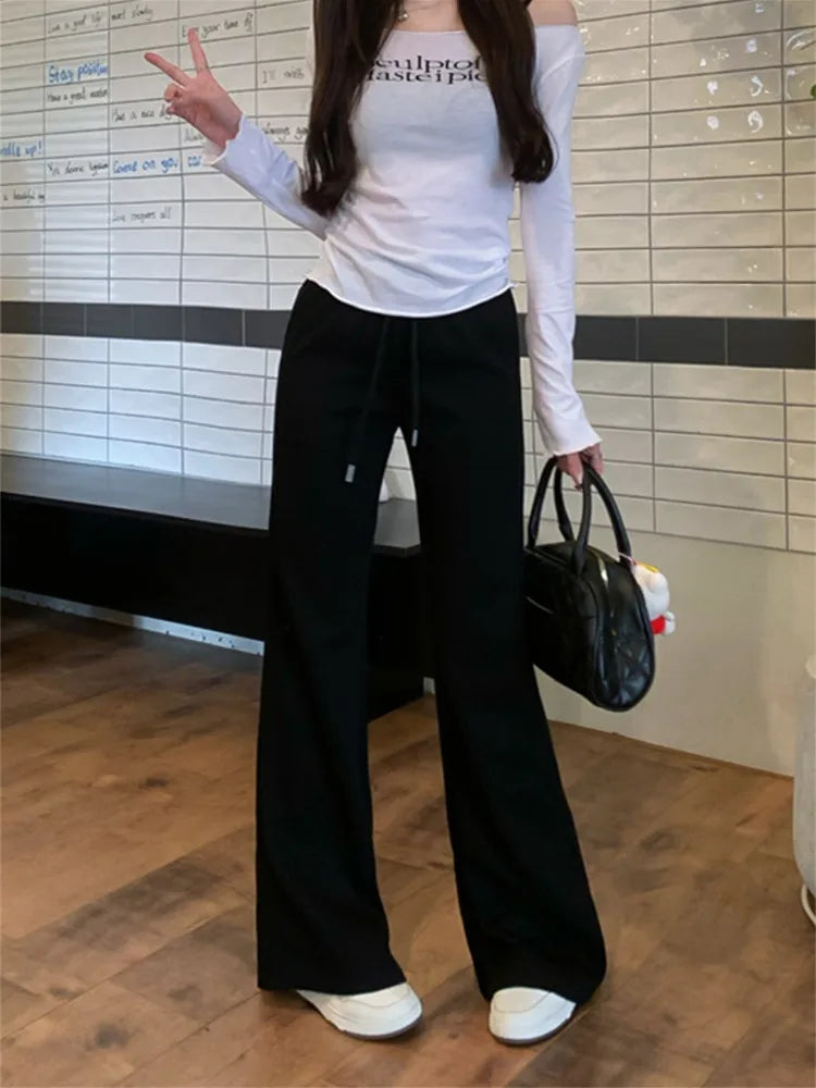 Aiertu  American Retro Casual Streetwear High Waist Wide Leg Pants Women Vintage Elegant Sexy Solid Slim Yoga Trousers Aiertu