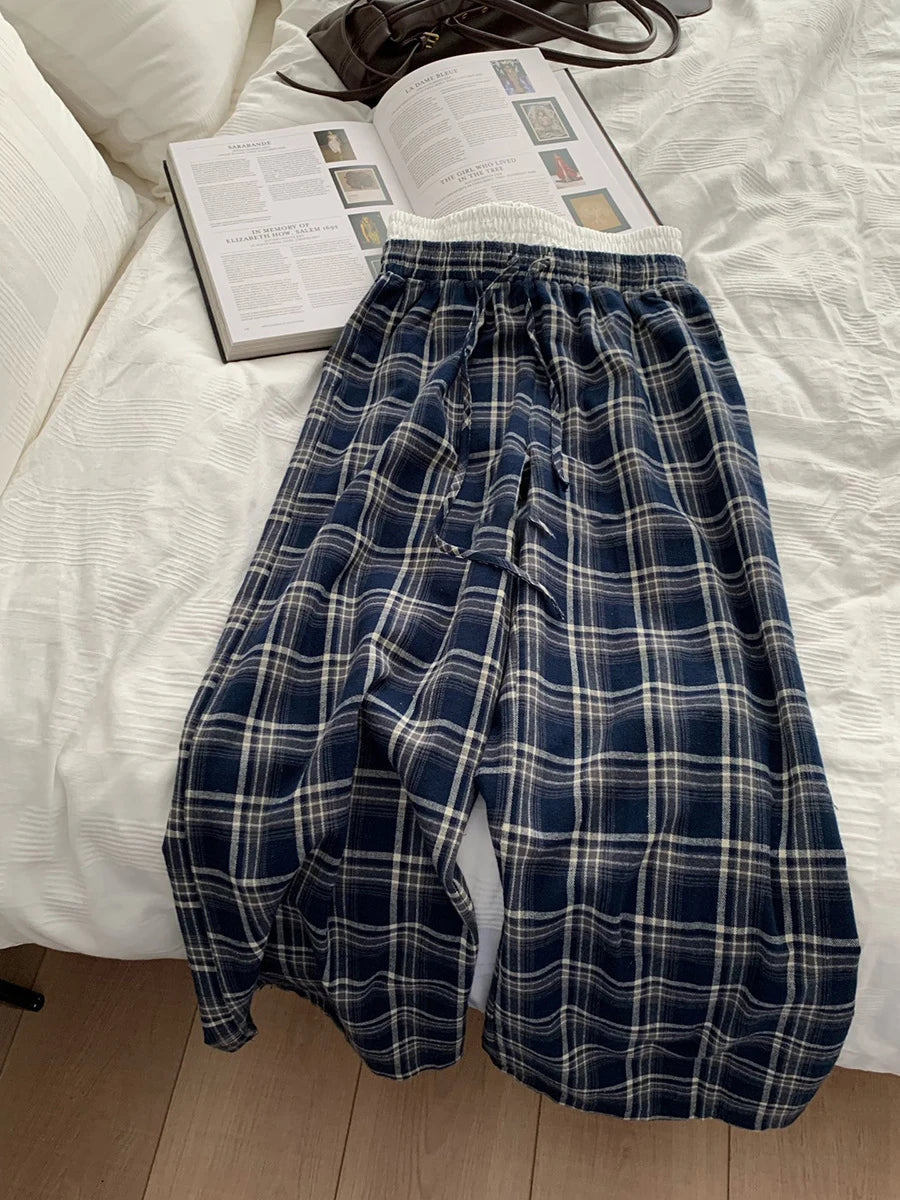 Aiertu  -  Vintage Plaid Wide Leg Pant Women Drawstring Patchwork High Waist Loose Trouser Spring New Fashion Simple Casual Pants 2025 Aiertu