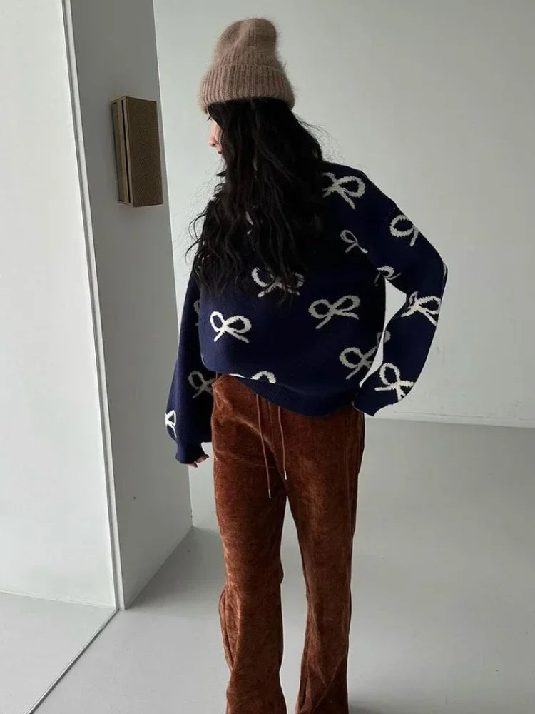 Aiertu  -  Elegant Bow Printed Women Knitted Sweater Fashion Round Neck Long Sleeves Oversized Pullover 2026 Warm Lady Commuting Tops Aiertu