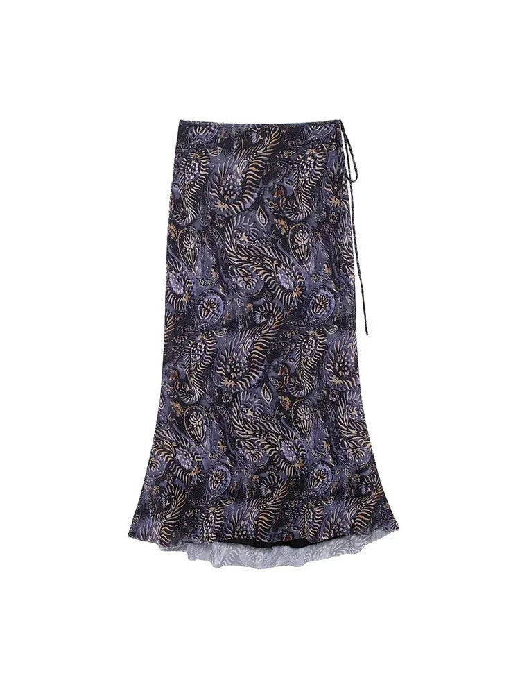 Aiertu  -  Women Fashion Tulle Printed Pleated Side Lace Up Midi Skirt Vintage Mid Waist Female Chic Lady Skirts Aiertu