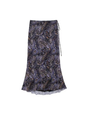 Aiertu  -  Women Fashion Tulle Printed Pleated Side Lace Up Midi Skirt Vintage Mid Waist Female Chic Lady Skirts Aiertu