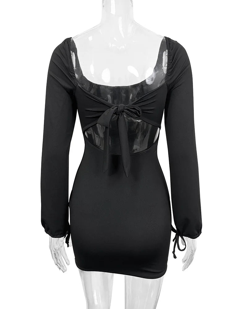 PICSGIRL - party look snspos Bodycon Dress for Women Fashion Vintage Sexy Dresses Solid Slim Long Sleeve Backless Lace Up Mini 2024 New Autumn Winter Dresses Aiertu