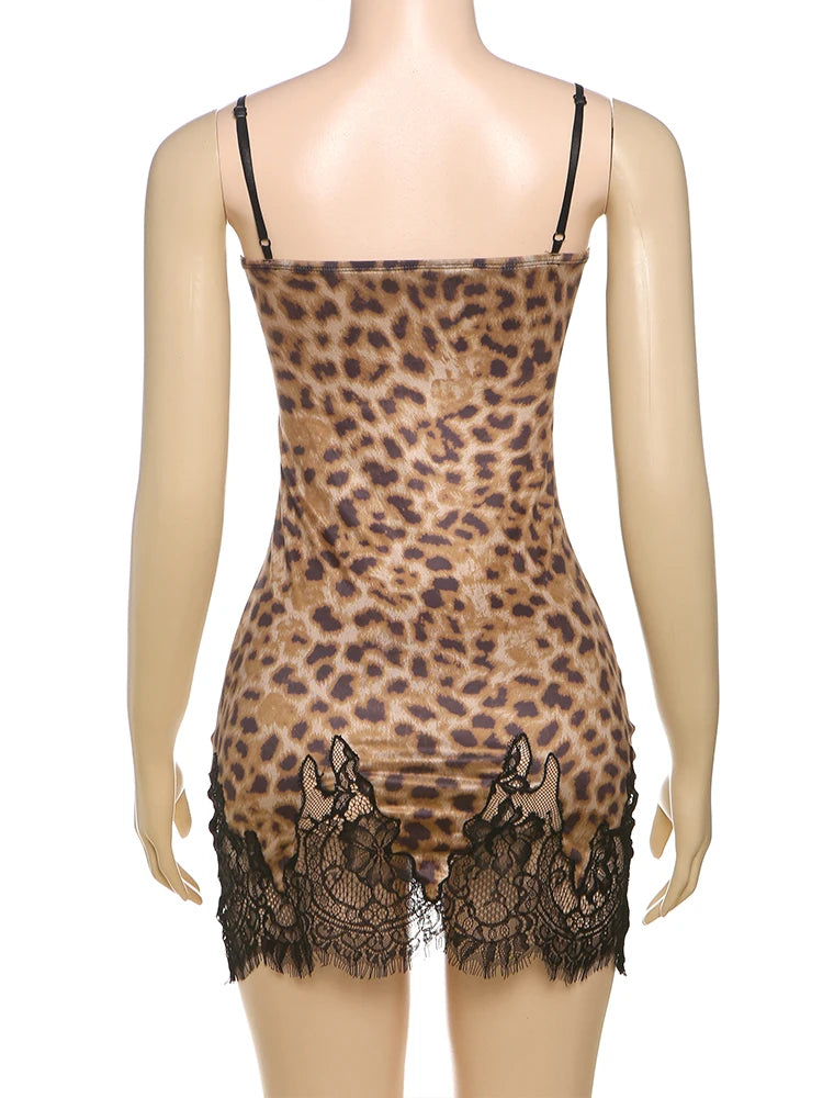 Aiertu  -  Women's Patchwork Coquette Lace Women Mini Dress Sexy Hot Suspendency Backless Slim Frock Mujer Leopard Midnight Vestido Aiertu