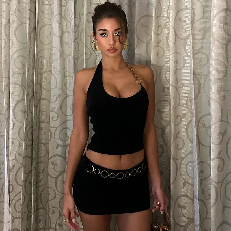 Aiertu  -   Fashion Hot Chain Halter Two Piece Sets Y2K E-Girl Club Outfits Co-ords Set Mini Skirt Festival Streetwear Clothes Aiertu