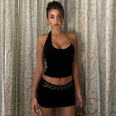 Aiertu  -   Fashion Hot Chain Halter Two Piece Sets Y2K E-Girl Club Outfits Co-ords Set Mini Skirt Festival Streetwear Clothes Aiertu