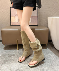 Aiertu  Khaki Thong Sandals Boots Peep Toe Splicing Suede Wedge Aiertu