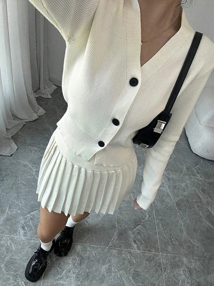 Aiertu      -  Retro Knitted Long Sleeve Sweater High-Waisted Pleated Skirt Two Piece Set For Women Niche Solid Matching Sets Autumn New Aiertu