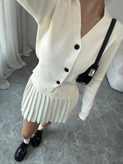 Aiertu      -  Retro Knitted Long Sleeve Sweater High-Waisted Pleated Skirt Two Piece Set For Women Niche Solid Matching Sets Autumn New Aiertu