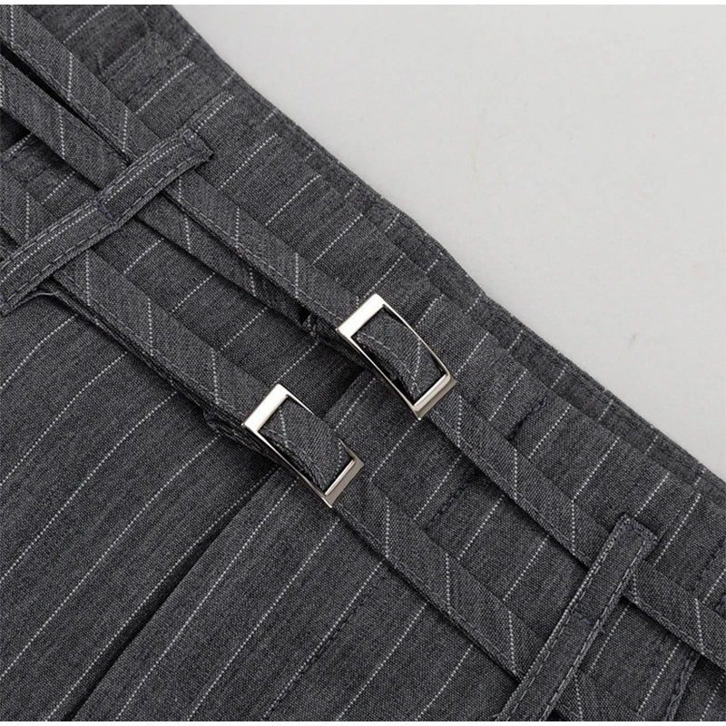 Aiertu  -  Commute Striped Pants Women High Waist Wide Leg Floor-length With Belt Pants Female 2025 Spring Summer Chic Street Lady Trousers Aiertu