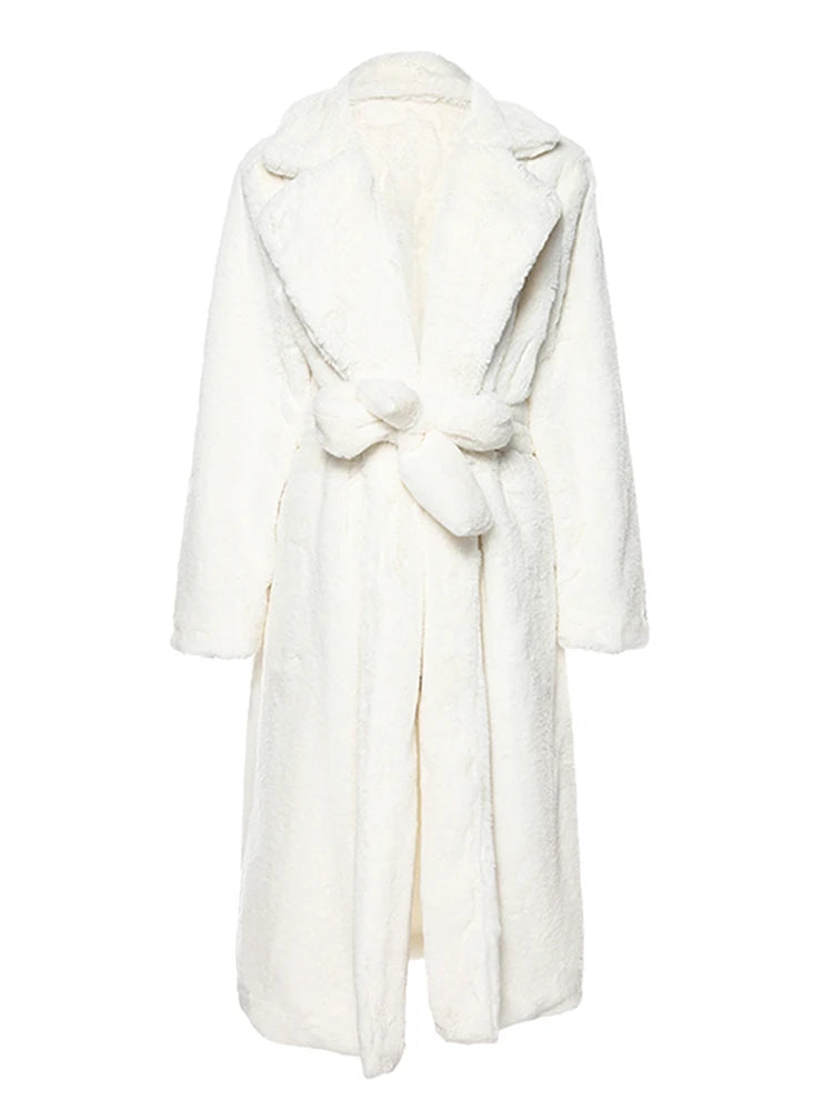Aiertu  -  casual winter outfits Winter Long White Fluffy Warm Oversized Faux Fur Coat Women with Hood Lapel Sashes Loose Korean Fashion Outerwear Aiertu