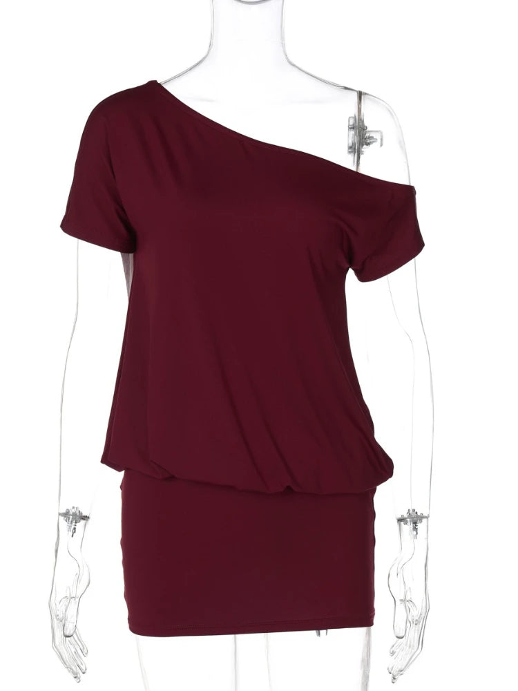Aiertu  -  Fashion One Shoulder Diagonal Collar Asymmetrical Short Dress Women's 2026 Summer Short Sleeve Package Hip Mini T-shirt Dresses Aiertu