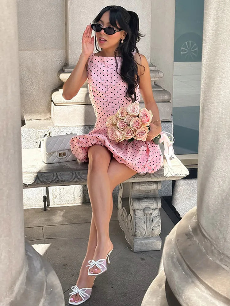 Aiertu  -  Women's Pink Polka Dot Summer Dress 2026 Fashion Puff Hem High Waist Gowns Chic Streetwear Lady Vestidos With Boat Neck Buttons Aiertu