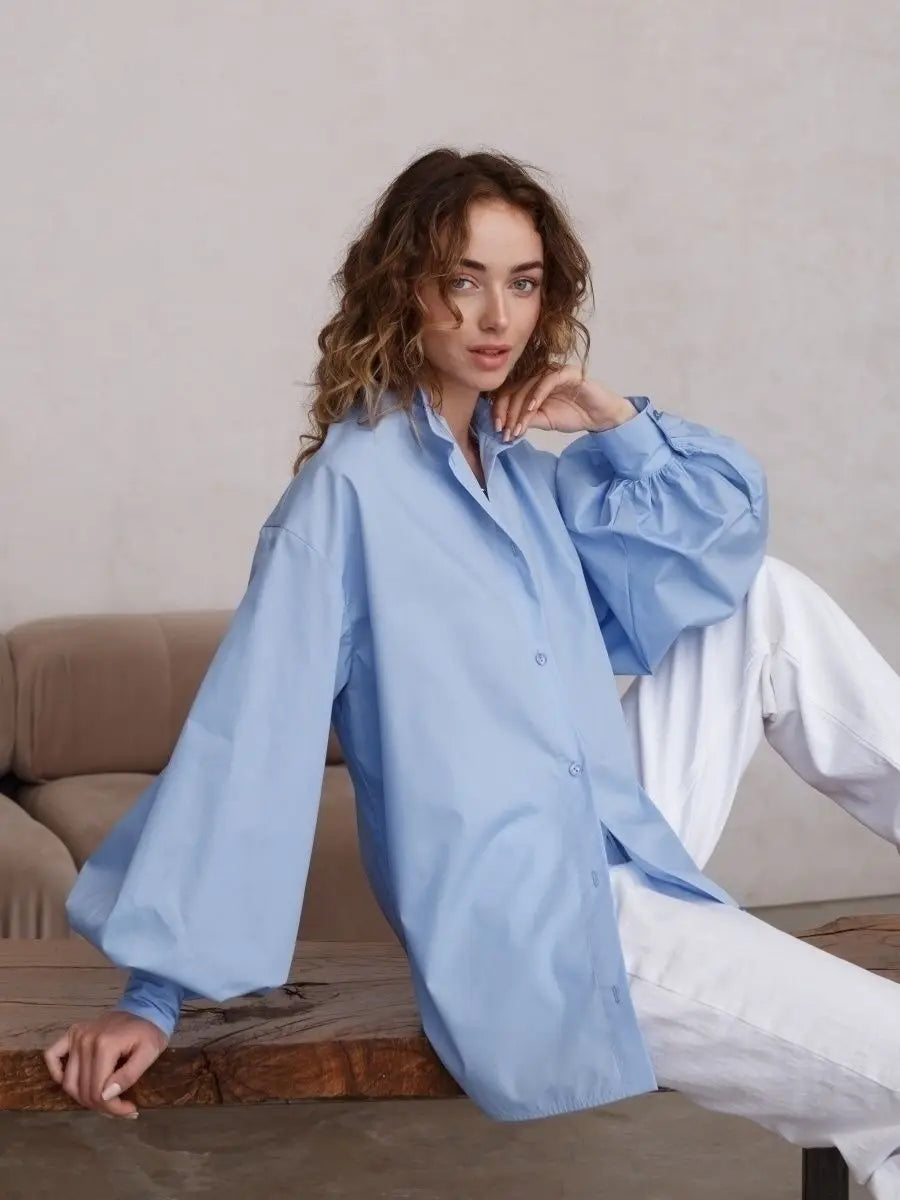 Aiertu  -  Loose O-neck Women Stylish Shirts Spring Summer Lantern Sleeve Single-breasted Female 100% Cotton Blouse Ladies Tops Aiertu
