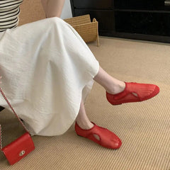 Aiertu    -  Red Ballet Flats Women Low Heel Pumps Summer Mesh Mary Jane Shoes Comfort Flat Shoes Black Round Toe Ladies Beach Aiertu