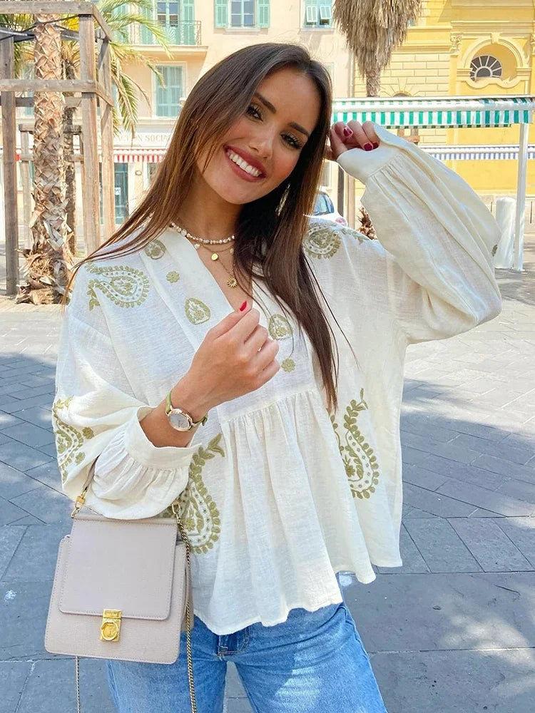 Aiertu  -  Paisley Flower Embroidery Autumn Blouse Women Loose Casual Cotton Linen Blusa Mujer Blusas Para Mujer Women Clothing Aiertu