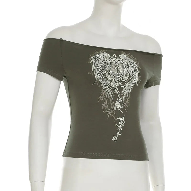 Aiertu  -  Y2K Spice Girls Return to Work Wings Key Printed One-Word Shoulder Short Sleeve T-Shirt Dark Wind Slim Skinny Off-Shoulder Top Aiertu