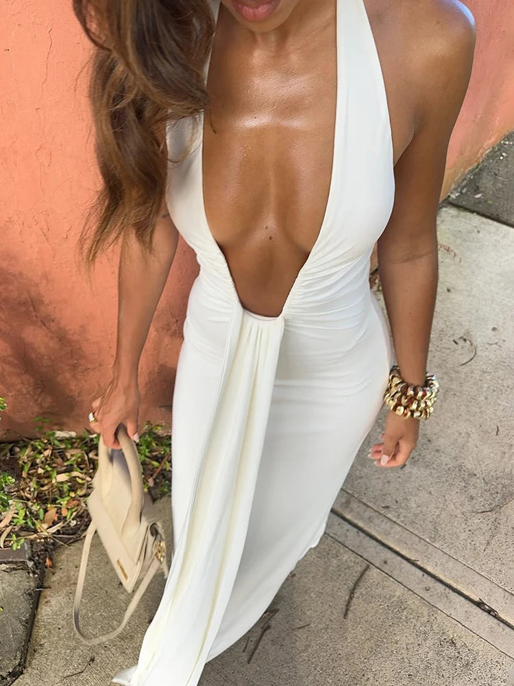 Aiertu  -  Deep V Neck Halter Long Dress Female Elegant Ruched Ribbon Splice Summer New Vacation Dress Sexy Slim Sleeveless Vestido Aiertu