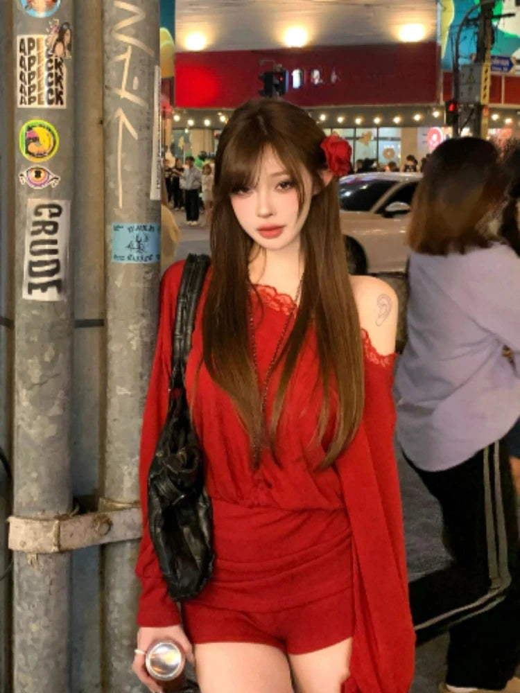 Aiertu  -  New Woman Korean Fashion 2 Piece Set Solid Sweet Suit Spicy Girls Casual Long Sleeve Tops + Slim Fit Y2k Shorts Outwear Chic Aiertu