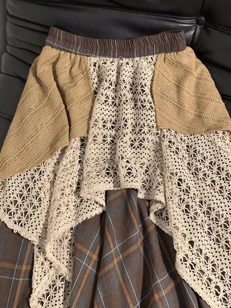 Aiertu  -  Harajuku Japanese Popular Versatile Hollow Plaid Irregular Design Splicing Skirt Women's Casual Street Fashion Knee-length Skirt Aiertu