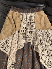 Aiertu  -  Harajuku Japanese Popular Versatile Hollow Plaid Irregular Design Splicing Skirt Women's Casual Street Fashion Knee-length Skirt Aiertu