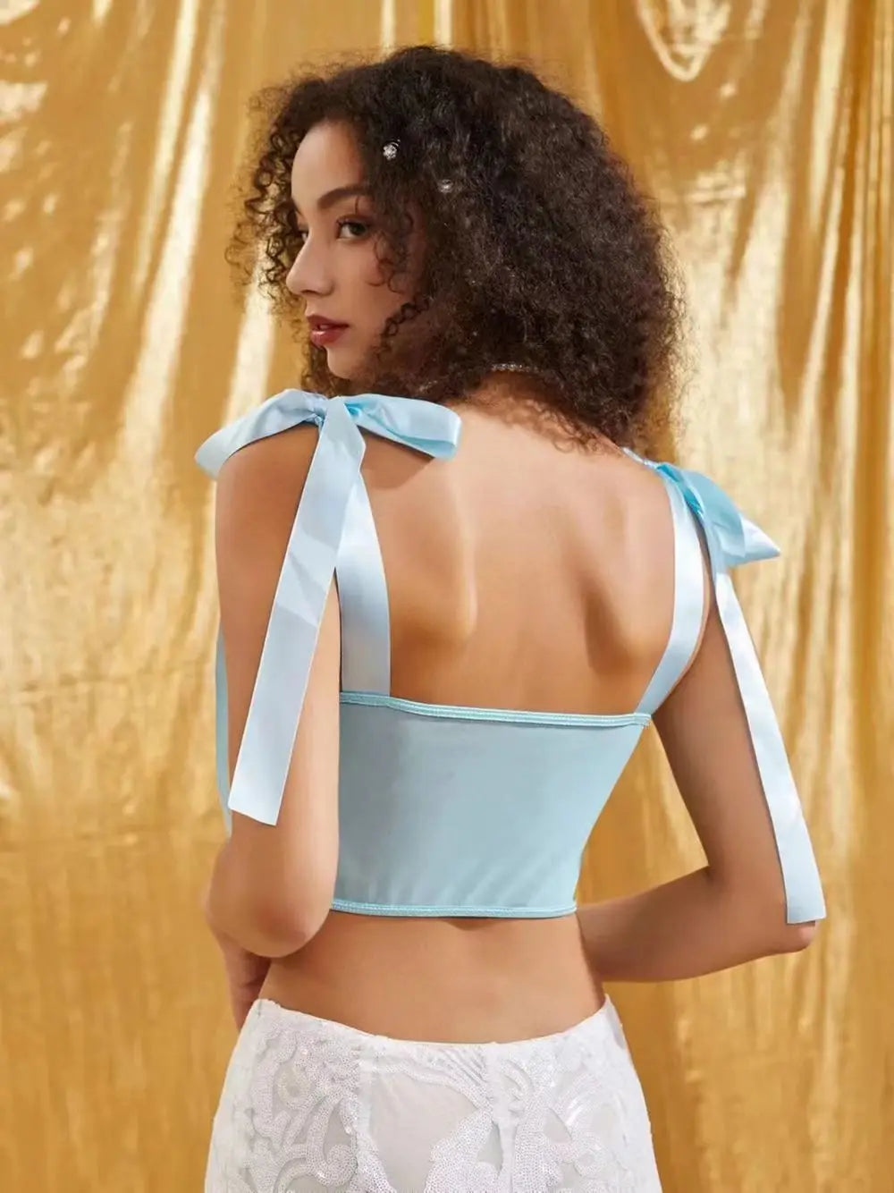Aiertu  -  party look snspos Women's Sexy Satin Camis Sweet Floral Bow Bra Strap Crop Top Mesh Ribbons Sleeveless Backless Tank Tops Female Corset Y2k Aiertu
