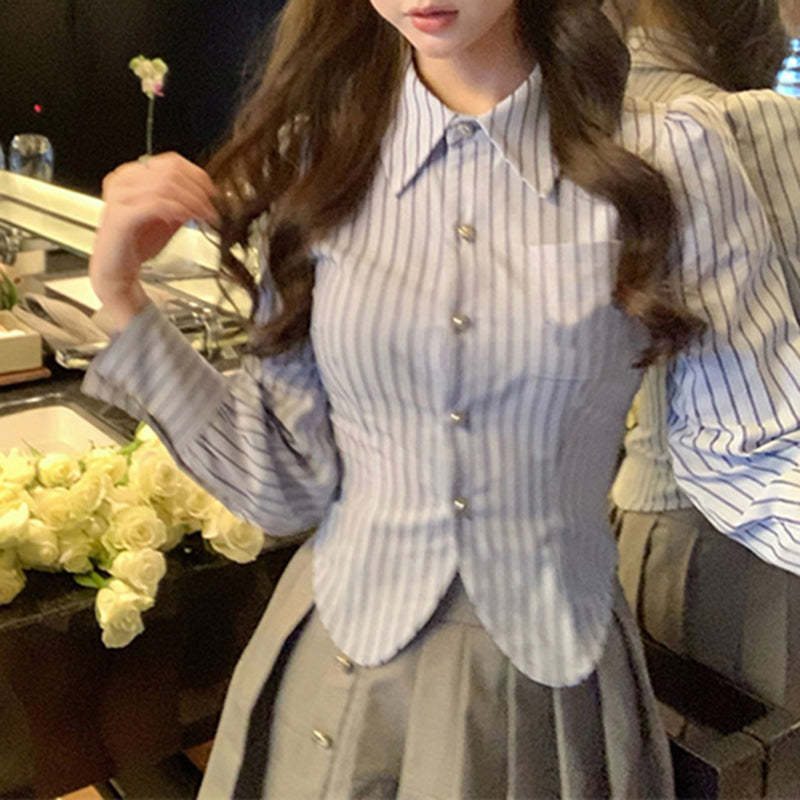 Aiertu Streetwear Striped Shirts Women Preppy Long Sleeve Tunic Crop Tops Student Sweet Korean Turn Down Collar Slim Blouses New Aiertu