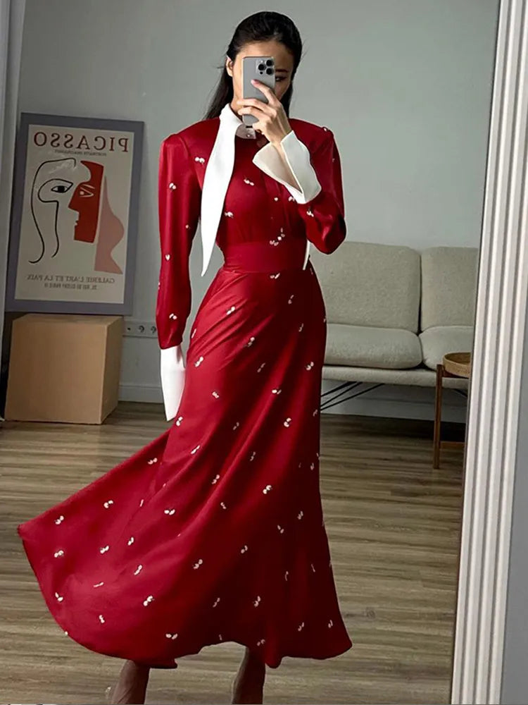 Aiertu  -  Elegant Printed Long Sleeve A-line Dresses Women Fashion High Waist Slim Fits Long Robes 2026 New Lady High Street Vestidos Aiertu