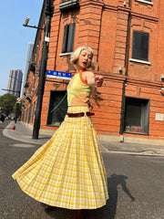 Aiertu  -  Y2k Yellow Checkered Midi Skirt for Women A-line High Waist Pleated Skirt Design Aesthetics Retro Plaid Short Dress Chic Aiertu