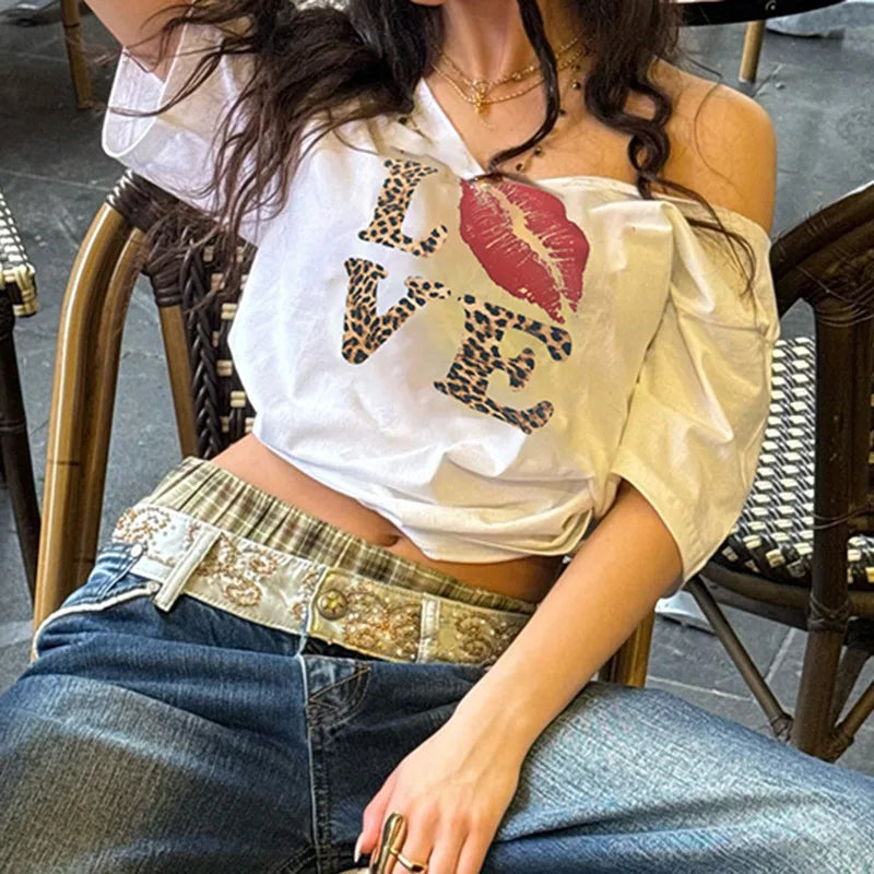 Aiertu  -  New leopard print personalized printing short-sleeved T-shirt women's street fashion off-the-shoulder pullover short casual top Aiertu