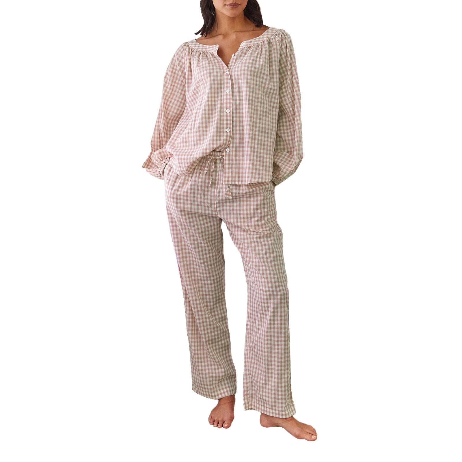 Aiertu  -   Women s Cozy Plaid Print Pajama Set with Long Lantern Sleeves and Elastic Waistband - Button Down Top and Lounge Pants for Fall Aiertu