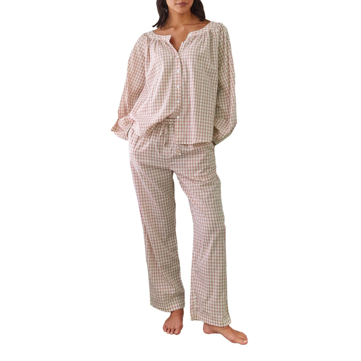 Aiertu  -   Women s Cozy Plaid Print Pajama Set with Long Lantern Sleeves and Elastic Waistband - Button Down Top and Lounge Pants for Fall Aiertu