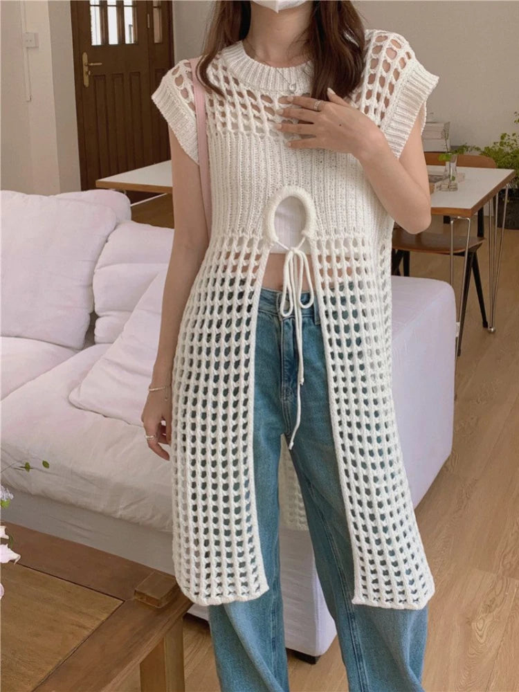Aiertu  -  Summer Hollow Out Knitted Bandage Women's Dress Loose Casual Streetwear Tank Dresses Sexy Y2k Aesthetic Korean Vestido De Mujer Aiertu