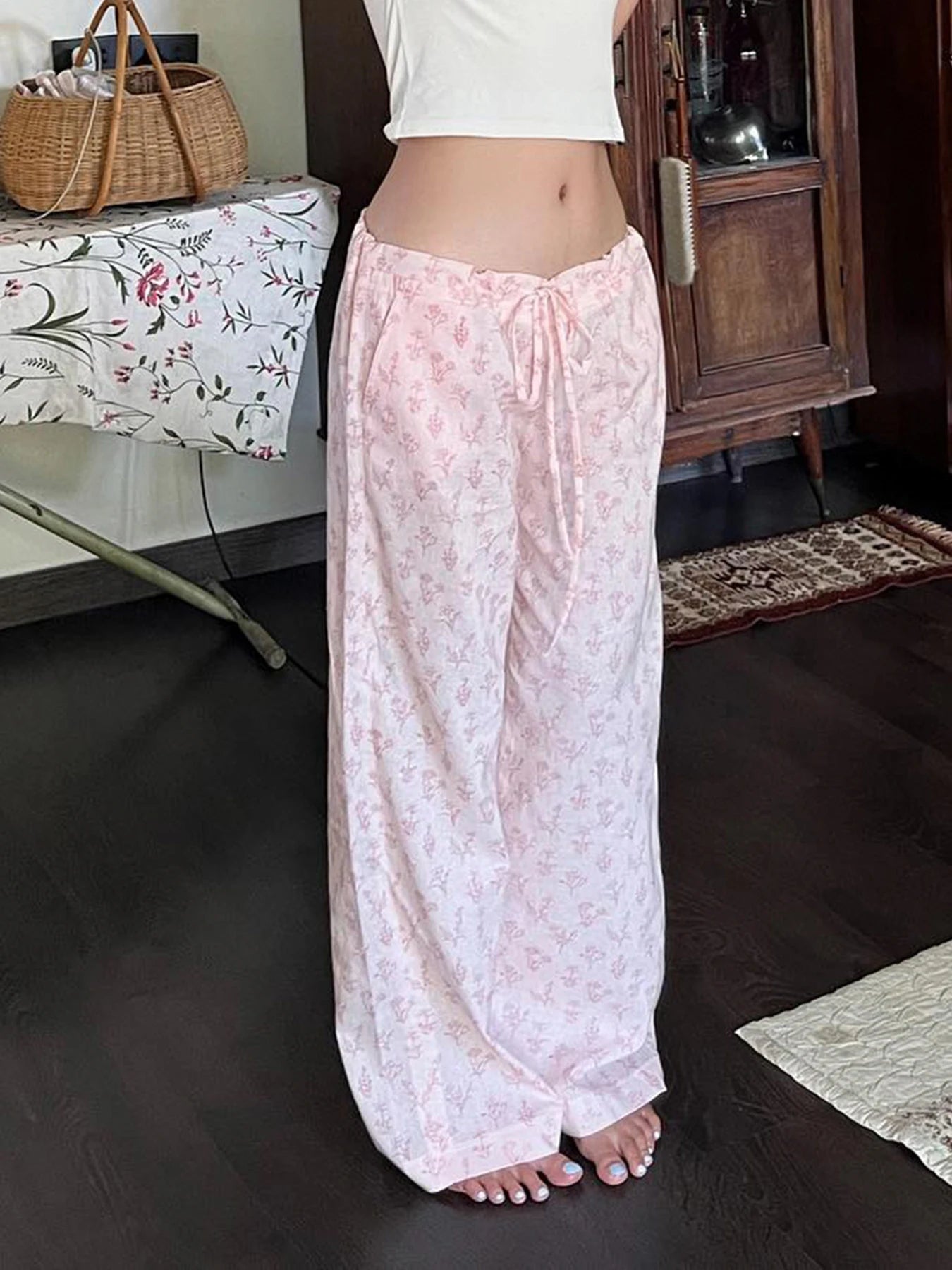 Aiertu  -  Cute Coquette Pink Floral Print Casual Pants y2k Aesthetic Lace-up Low Rise Loose Straight Pants Korean Fashion Trousers Aiertu
