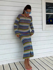 Aiertu  -  Colorful Knitted Women Dresses O Neck Stripe Rainbow Female Dress 2026 Fashion Long Sleeve Backless Casual Elegant Lady Vestidos Aiertu