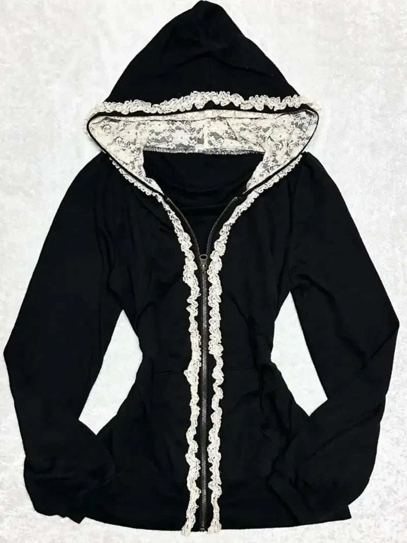 Aiertu  -  High Street Y2k Vintage Lace Slim Fit Zipper Hoodie Goth Grunge Hip Hop Premium Cotton Casual Harajuku Hottie Sexy Long Sleeve Aiertu