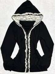 Aiertu  -  High Street Y2k Vintage Lace Slim Fit Zipper Hoodie Goth Grunge Hip Hop Premium Cotton Casual Harajuku Hottie Sexy Long Sleeve Aiertu