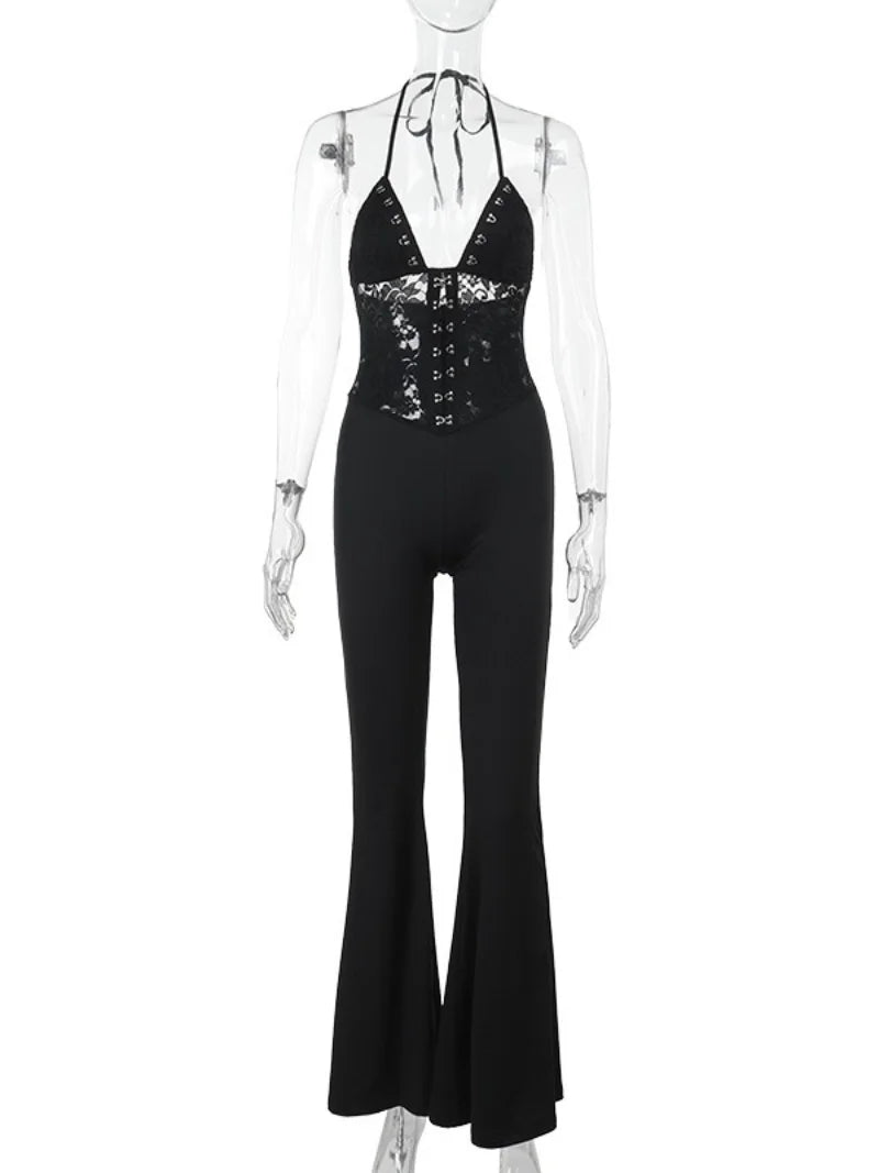 Aiertu  -  Women's Summer Full Length Flare Pants Jumpsuits 2025 Elegant Halter Backless Lace Patchwork Black Overalls Female High Street Aiertu