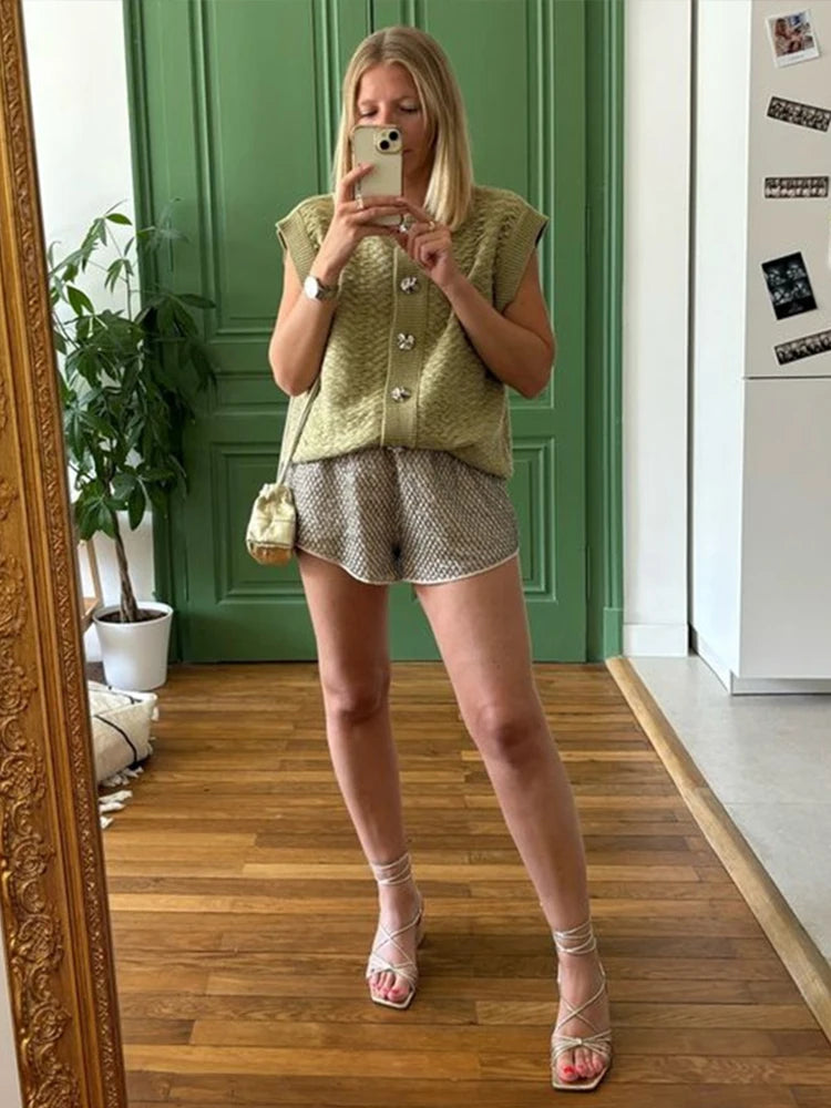 Aiertu  -  Elegant Knitted Sleeveless Vest Women Loose O-neck Single Breasted All-match Green Female Tank 2026 Autumn Office Lady Outfit Aiertu