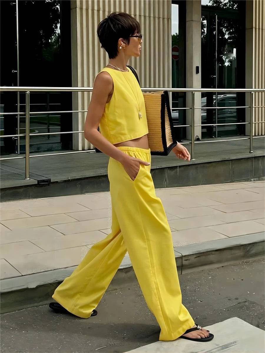 Aiertu  -  Solid Tank Tops Two-piece Set Summer New O Neck Sleeveless Cropped Top+Wide Leg Trouser Suits Simple Casual Chic Pants Sets 2025 Aiertu