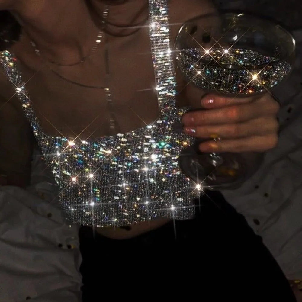 Aiertu  -  Metal Mesh Rhinestone Sleeveless Tank Top Women Back Hollow Chain Crop Tops Hot Girl Beach Sexy Club Party Vest Femme Aiertu