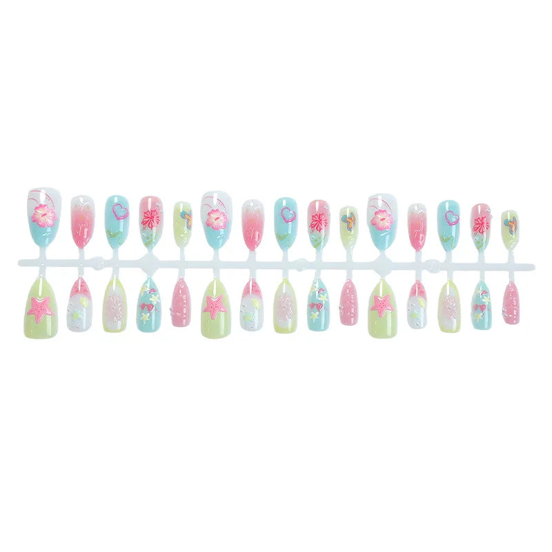 Aiertu  -  24PCS Summer Colorful Almond False Nail with 3D Flower Beach Paintings Press on Fake Nail Full Cover Wearable Manicure for Women Aiertu