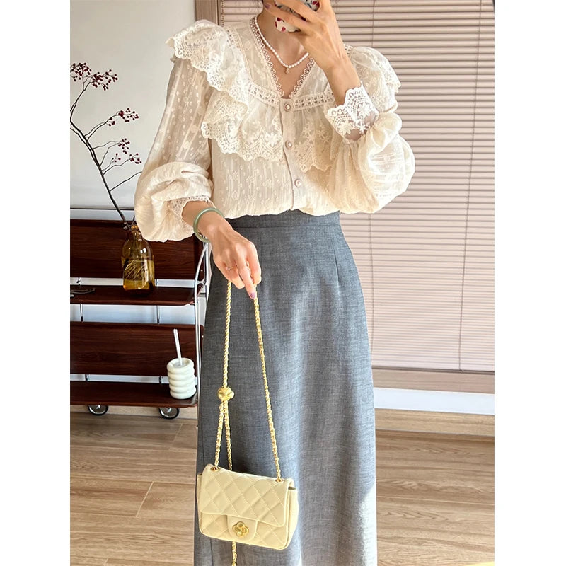 Aiertu Vintage Ruffles Shirts Women Elegant Lace Patchwork Blouses Office Lady Korean V Neck Long Sleeve All Match Chic Tops New Aiertu