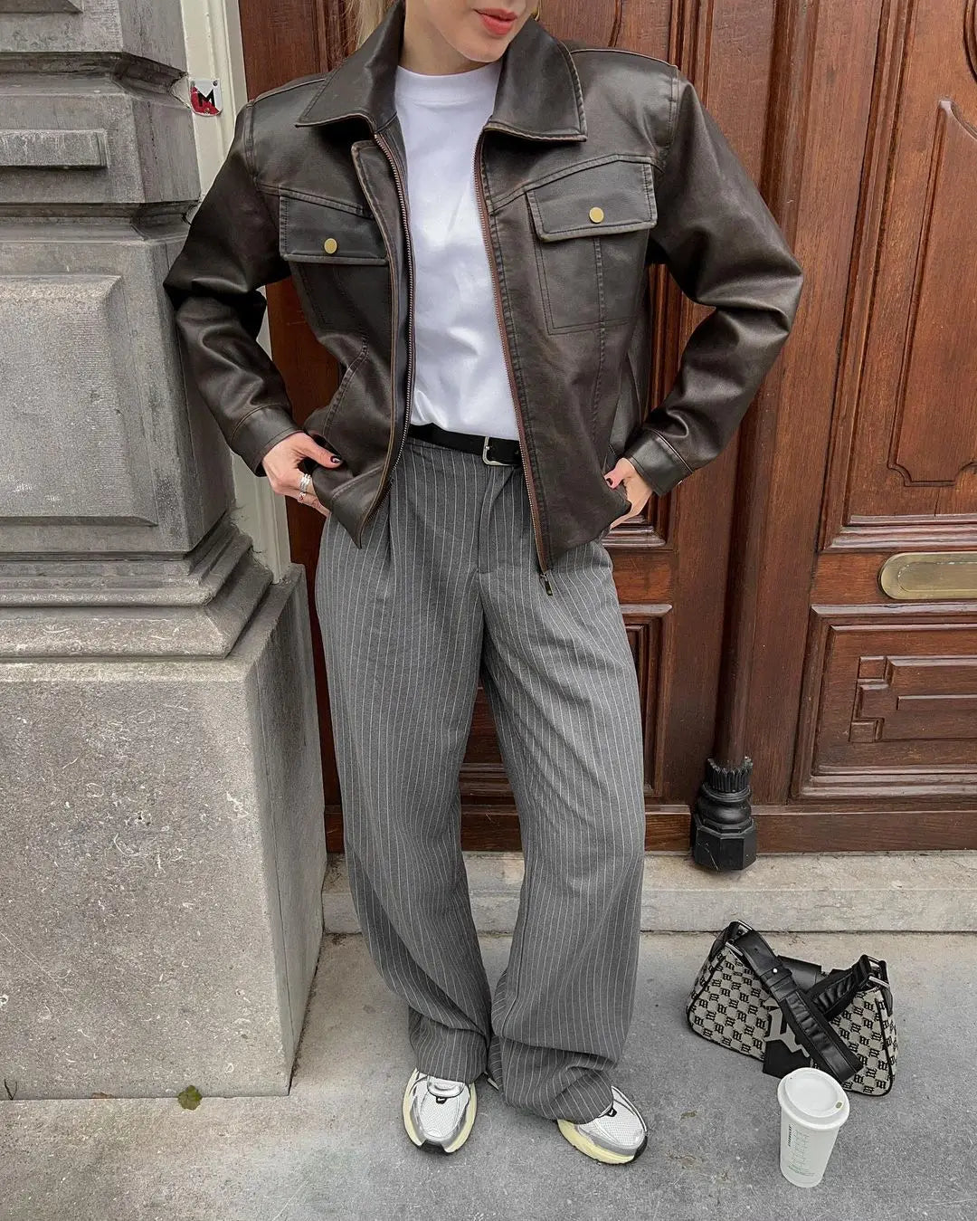 Aiertu  -  Women Chic Lapel Loose Leather Jacket Fashion Solid Button Zipper Pockets Short Coat 2026 Autumn Lady Chic High Street Outerwear Aiertu